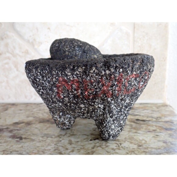 Authentic MOLCAJETE Mexico Basalt Mortar & Pestle 7" dia Volcanic Lava Stone - Picture 1 of 16